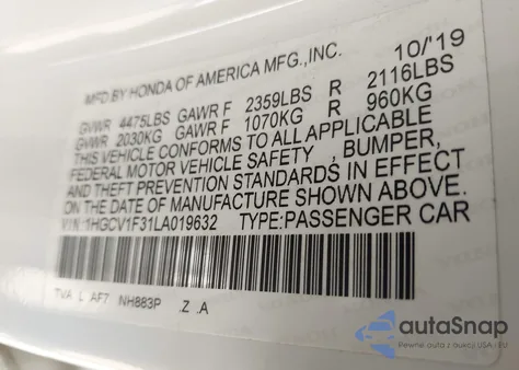 2020 Honda Accord Sport из США, поврежденный, VIN 1HGCV1F31LA019632